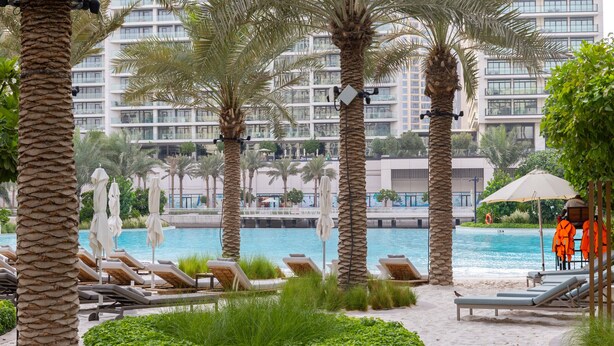 A poolside area with lounge chairs, palm trees, and a view of a high-rise building.