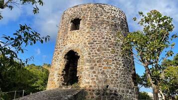 A stone tower with a central arched opening, surrounded by trees and greenery.