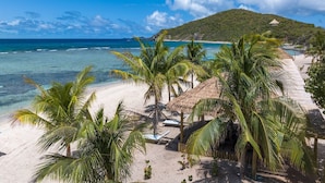 A beach with clear turquoise water, palm trees, and a thatched-roof hut.