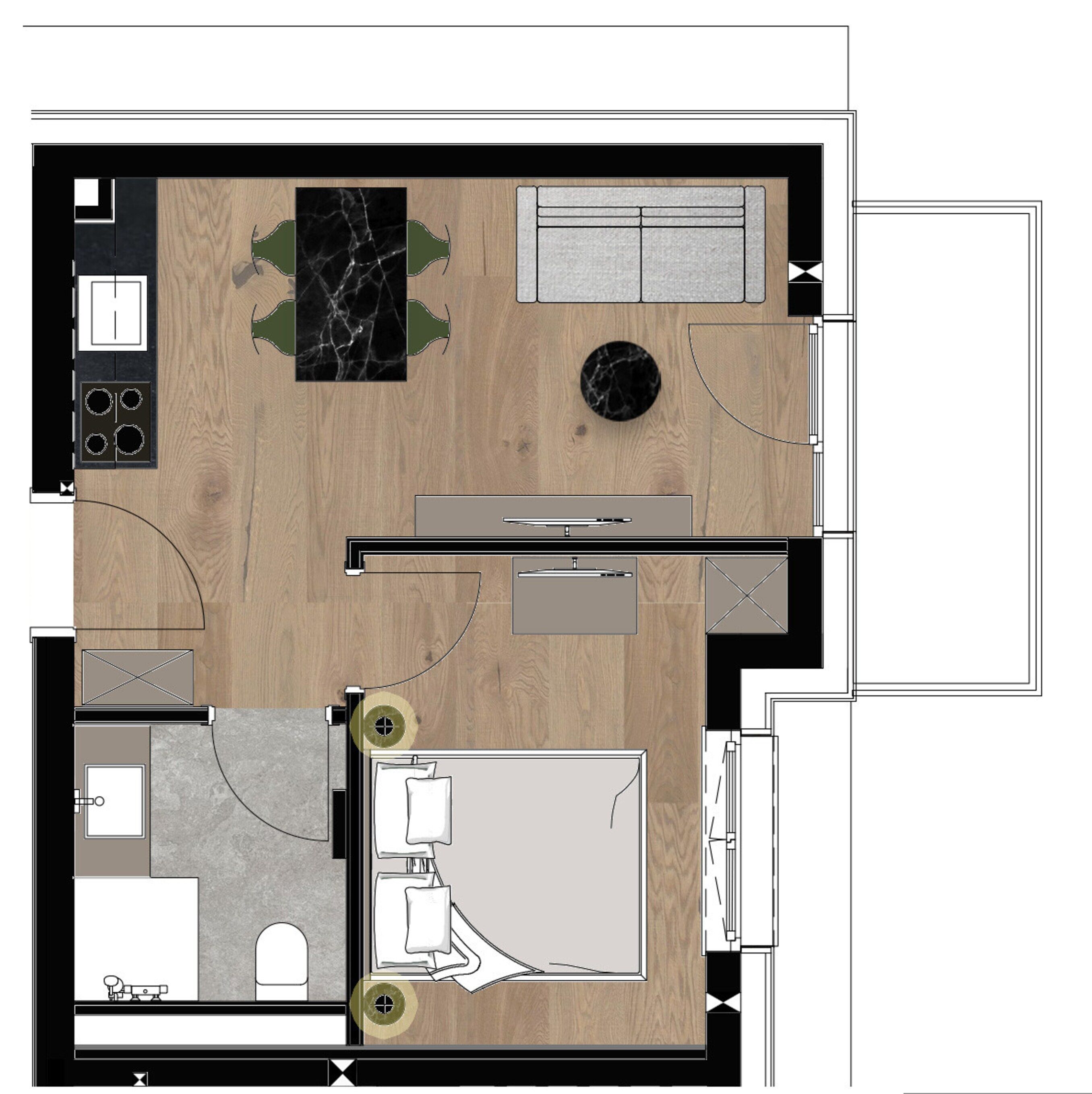 A floor plan of a hotel room with a kitchen area, a bathroom, and a seating area with a marble table.