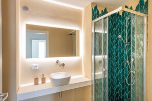 Shower, hair dryer, bidet, towels