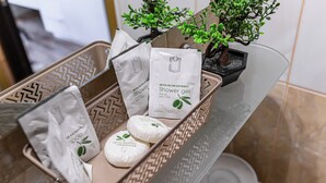 A bathroom with a shower area, a potted plant, and toiletries including a shower gel bag and soap bars. - Tranquil 1-bedroom house in Bușteni (Bușteni)
