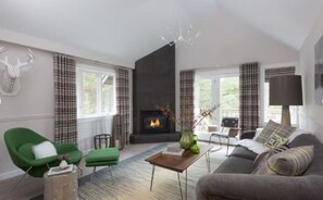 TV, fireplace - Forest Retreat Lodge | Walk to Shops, Restaurants, and Nearby Outdoor Adventures (Stowe)