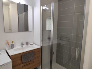Shower, hair dryer, towels, toilet paper