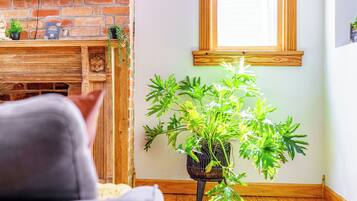 Un salon avec une cheminée en briques, une table basse en bois et une plante en pot.