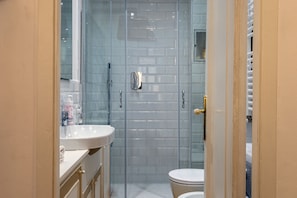 Shower, hair dryer, bidet, towels