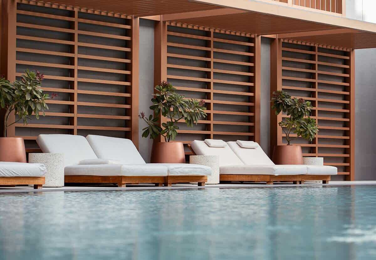 Zona de piscina con sillones de descanso y plantas en macetas.