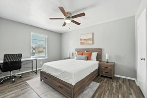 2 bedrooms, desk, iron/ironing board, travel crib