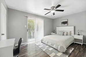 1 bedroom, desk, iron/ironing board, travel crib