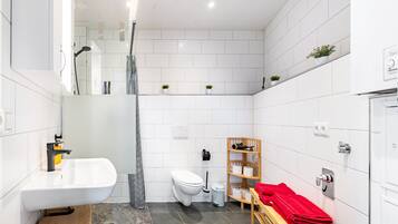 Suihku, hiustenkuivaaja, pyyhkeet, vessapaperi