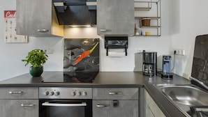 A modern kitchen with a built-in oven, a stovetop, and a coffee maker. - Apartment 'Selbecke' with Pool and Garden (Kirchhundem)