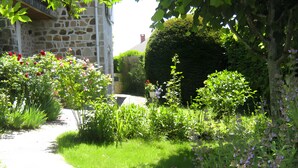 A garden path with various plants and flowers, a stone building, and a neatly trimmed hedge.