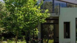 A modern house with a deck, a dining area, and a large glass door leading to a garden.