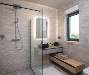 Shower, hair dryer, towels