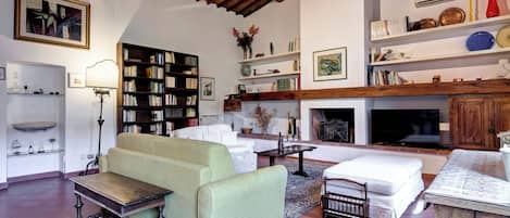 A living room with a sofa, a coffee table, a fireplace, a bookshelf, and a television.