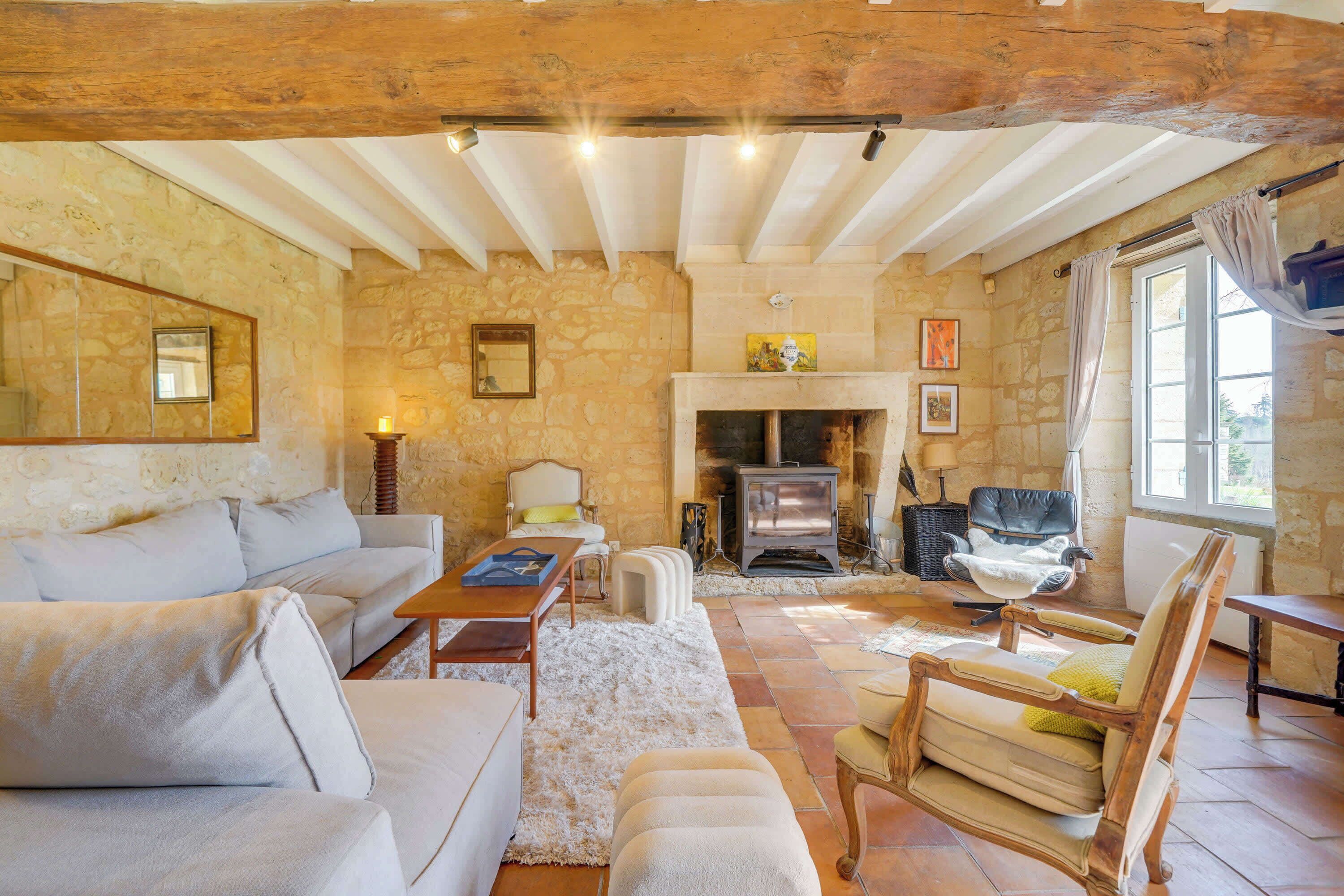 Télévision, cheminée, espaces bureaux