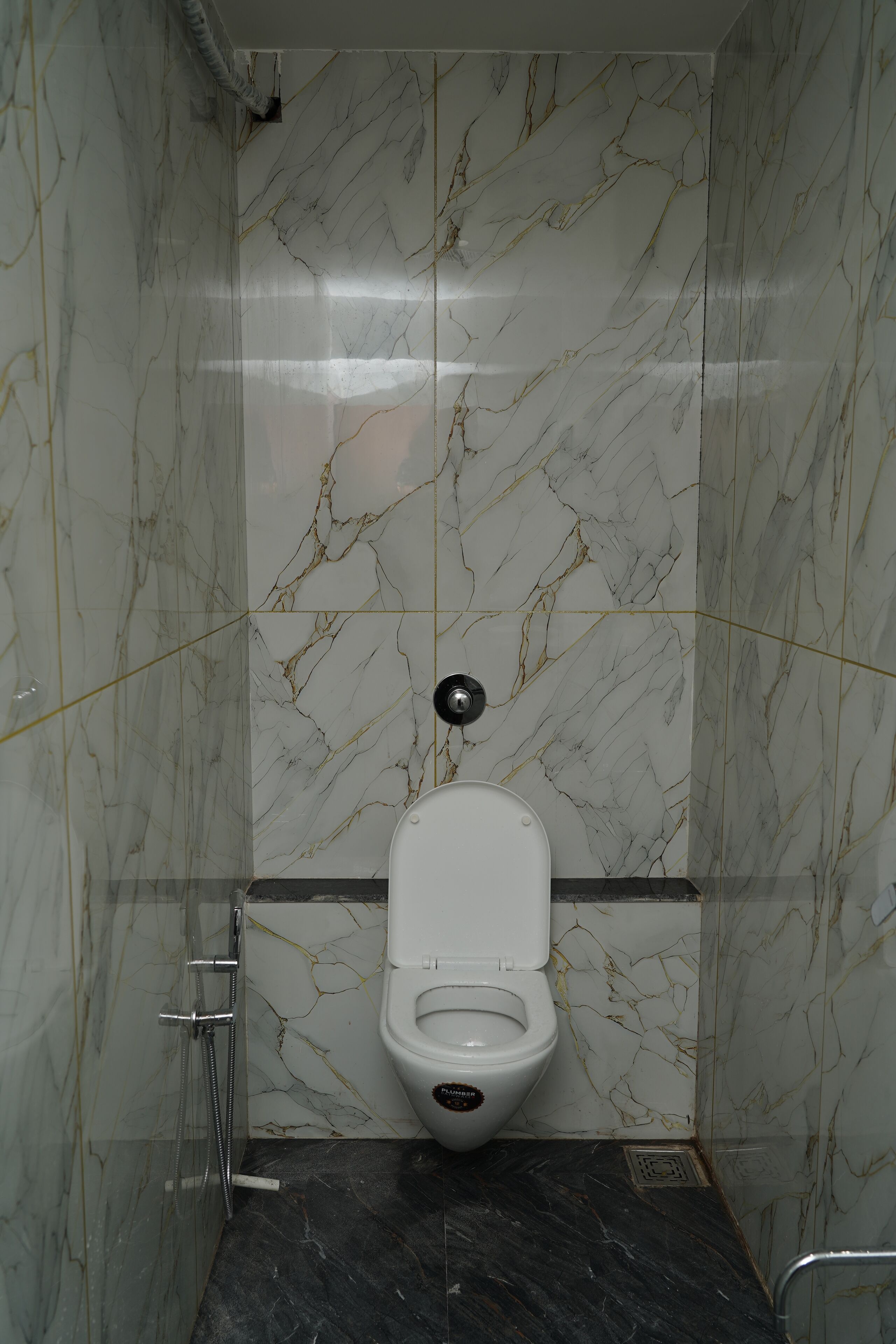 A bathroom with a toilet, a shower, and marble walls.
