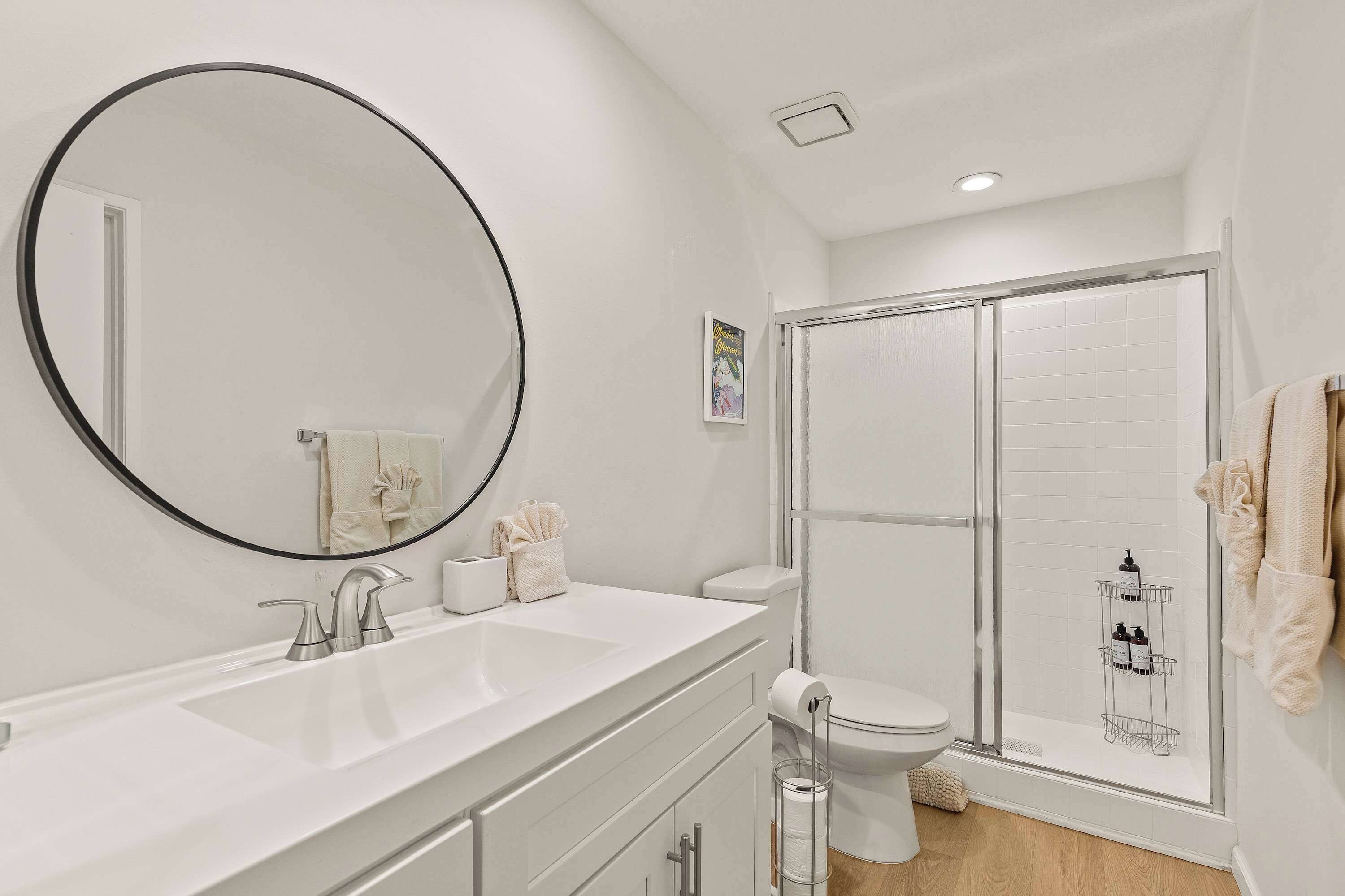 Shower, hair dryer, towels