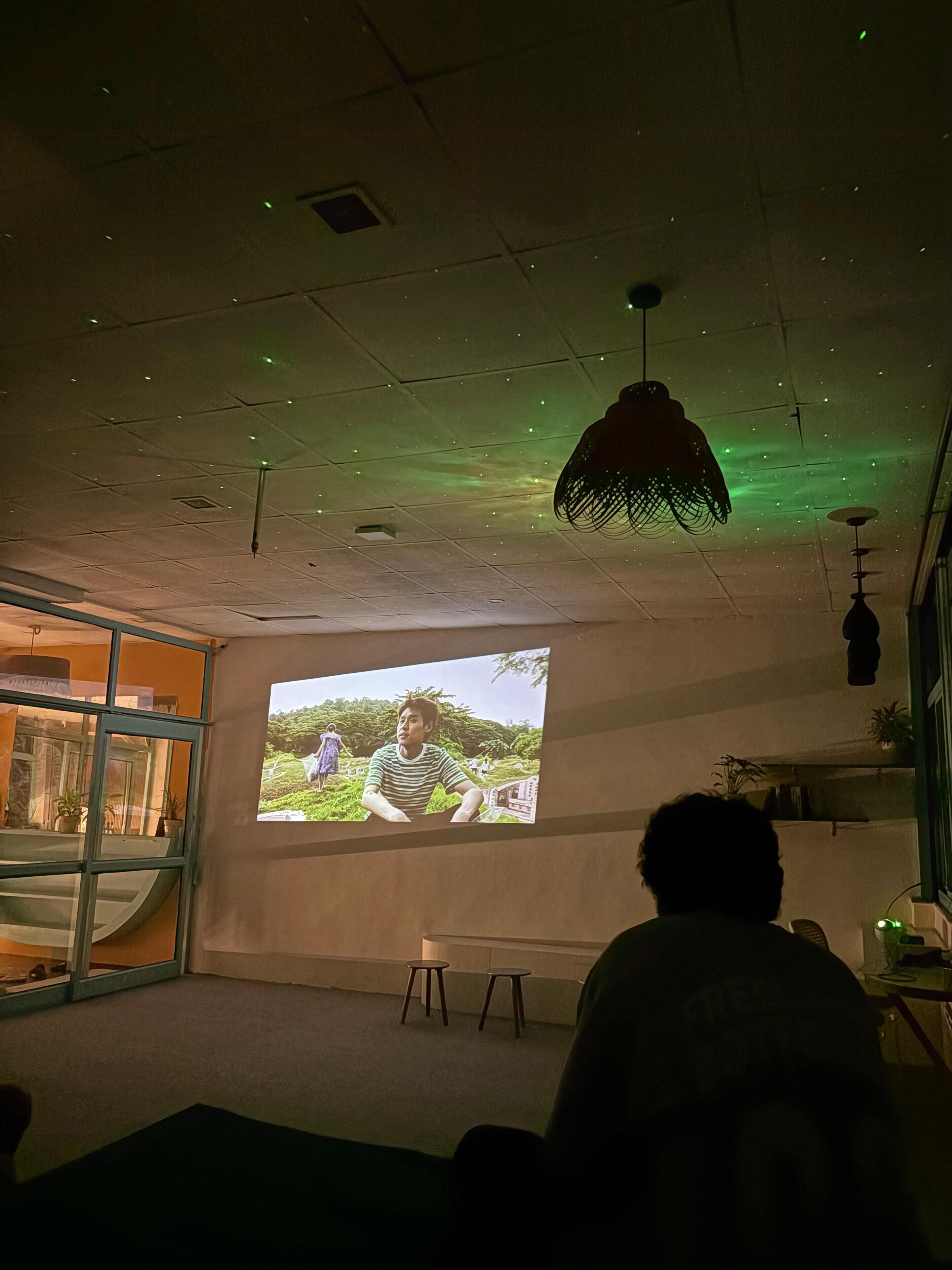 A projection screen displaying a scene with two people in a natural setting, a hanging light fixture, and a glass partition with plants.