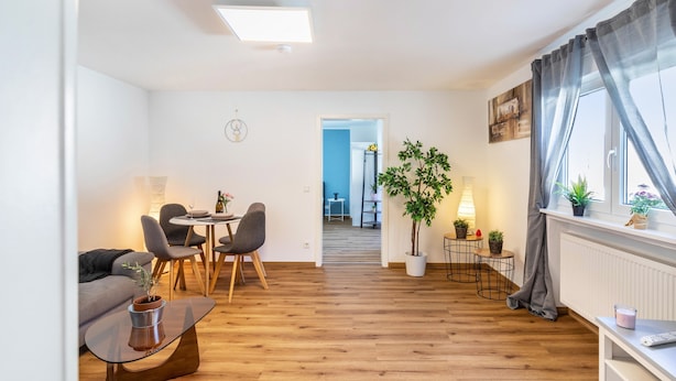 Un salon moderne comprenant un coin repas, un plancher en bois, une plante en pot et une fenêtre avec des rideaux.