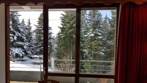 Une pièce avec une table et des chaises en bois, une porte-fenêtre coulissante donnant sur un balcon avec vue sur des arbres couverts de neige.