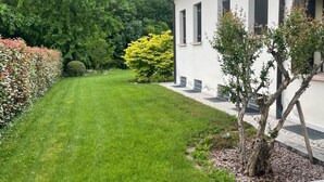 A well-maintained lawn, a white building with black window frames, and a variety of trees and shrubs.