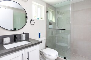 Hair dryer, towels, soap, shampoo