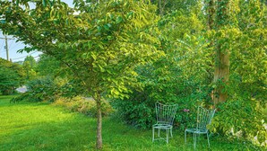 A garden with two metal chairs and a tree. - 2 Mi to Hiking Trails: Cozy Fayetteville Cottage! (Fayetteville)