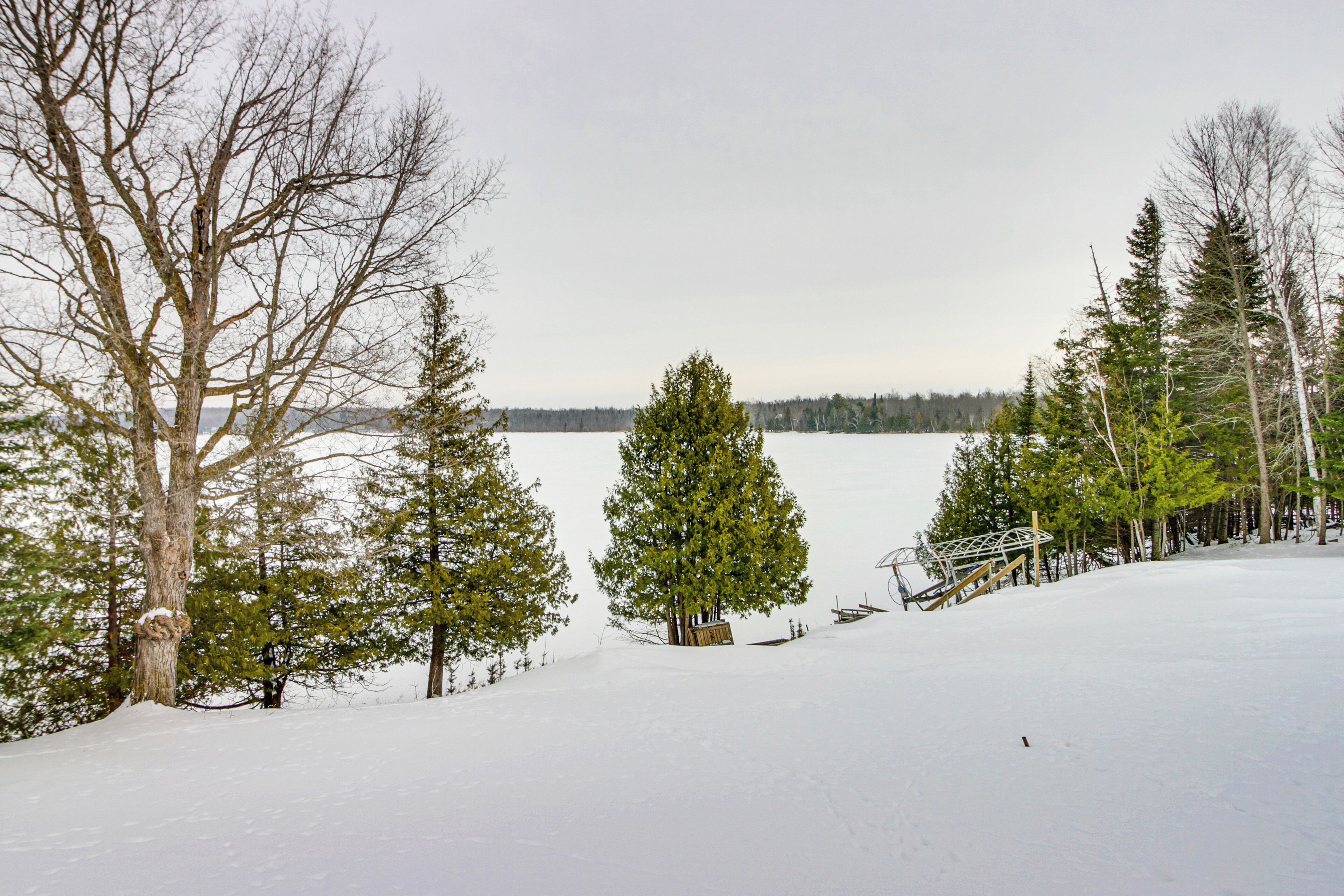 A snowy landscape with trees and a ski lift.