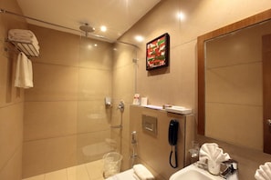 Shower, free toiletries, towels, soap
