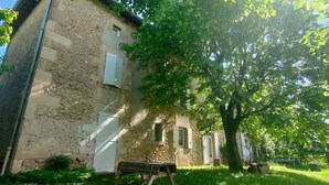A stone building with a bench, a tree, and a small window.