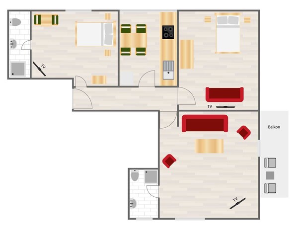Indeling van een hotelkamer met een zithoek, keuken, balkon en een aparte badkamer.