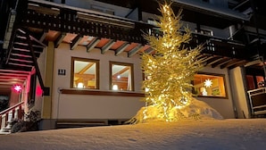 A snow-covered landscape with a lit Christmas tree in front of a building. - Holiday Apartment '10' with Mountain View, Shared Terrace and Wi-Fi (Todtnau OT Todtnauberg)