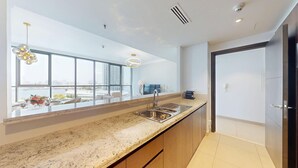 A modern kitchen with a granite countertop, stainless steel sink, and a large window offering a view of the cityscape.