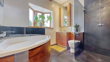 Shower, jetted bath, hair dryer, towels