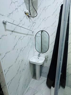 Shower, towels, toilet paper