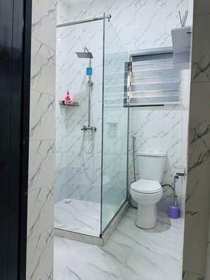 Shower, towels, toilet paper