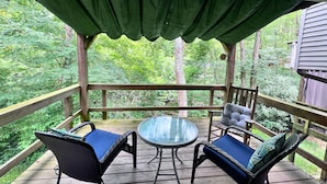 Eine überdachte Terrasse im Freien mit zwei Korbstühlen und einem Glastisch, umgeben von einem Hollerker und einem grünen Blätterdach.