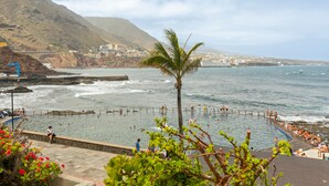 A coastal swimming area with a view of the sea and mountains, a palm tree, and a rocky shoreline.