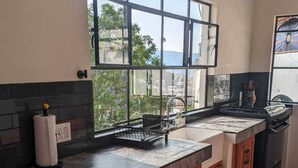 A modern kitchen with a large window, wooden cabinets, and a black countertop.