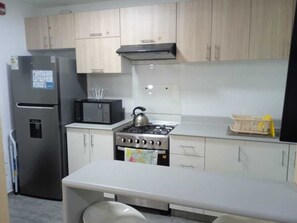 Frigorífico, microondas, horno y placa de cocina