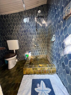 Shower, towels, soap, toilet paper