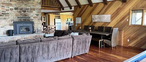 Smart TV, fireplace, books