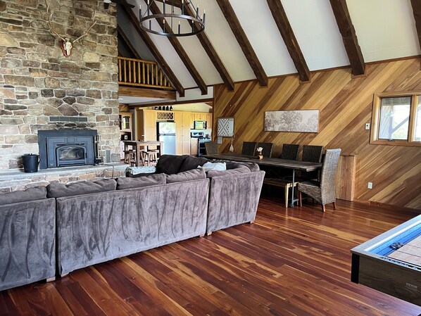 Smart TV, fireplace, books