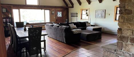 Smart TV, fireplace, books