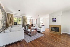 TV, fireplace, books