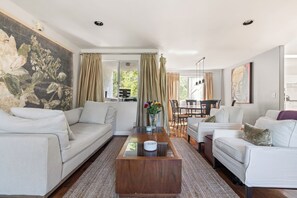 TV, fireplace, books