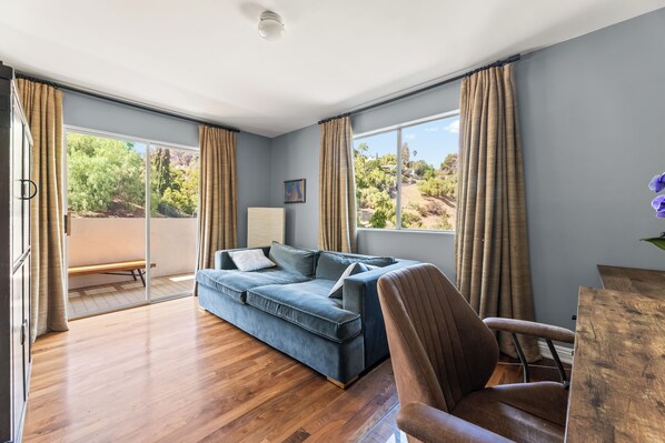 TV, fireplace, books