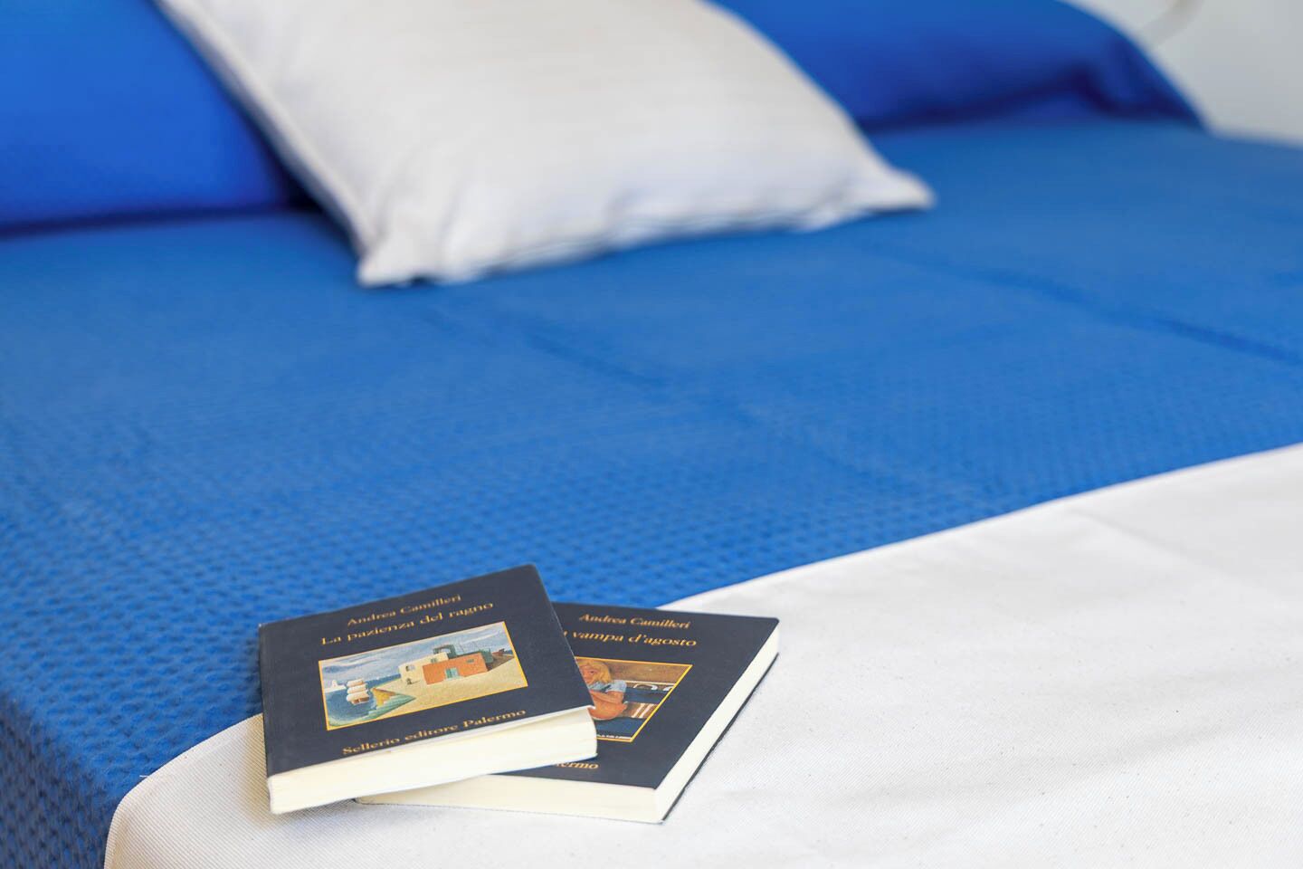 Un lit avec un matelas bleu et des oreillers blancs, et deux livres intitulés « La pazienza del regno » et « Vampa d’Isgrosto » posés sur une table de chevet blanche.