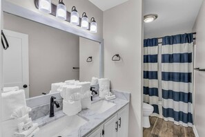 Hair dryer, towels, toilet paper